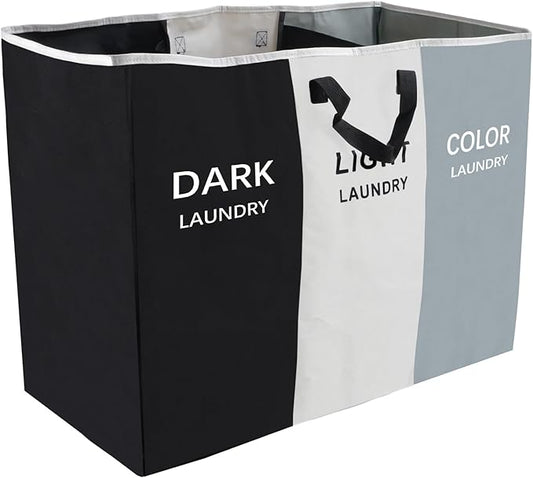 168L Laundry Hamper, Large Blanket Storage Basket Sorter 3 Section Bag Organizer for Dirty Clothes - Toys - Towel,15 X 23 X 28 inch Heavy Duty Laundry Cart Baskets (Black and white gray bag)