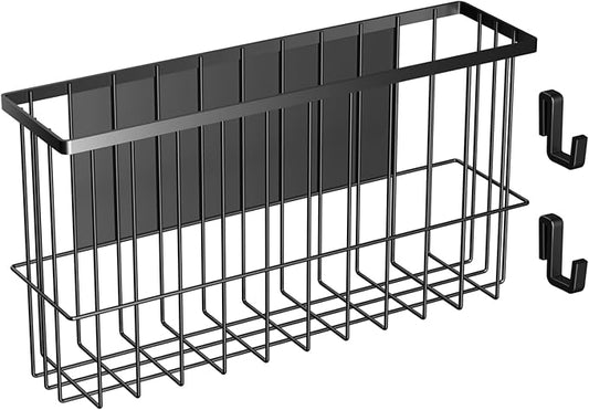Magnetic Refrigerator Baskets, Fridge Spice Rack Organizer with Hooks, Strong Magnet Metal Hanging Wire Storage Basket Storage Bin Box Container for Pegboard /Refrigerator/Whiteboard/Locker-Black
