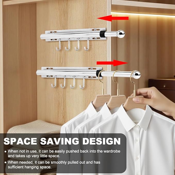 12 Inch Valet Rod for Closet Pull Out, Retractable Slide Out Clothes Hanger with 4 Hooks, Closet Rods for Hanging Clothes Laundry Room, Bedroom, Bathroom(COLOR:Sliver)