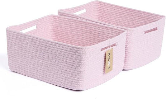 MiniArk Large Storage Baskets for Shelves, Closet Organizers Bins for Clothes Blanket Towels, Baby Nursery, Toy Baskets Box, Woven Rope Baskets, 17 x 13 x 7.5”, 2 Packs Light Pink