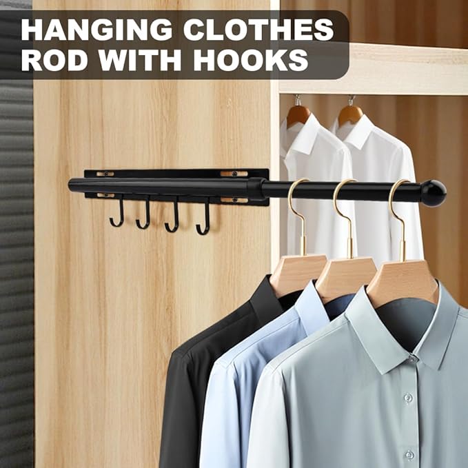 12 Inch Valet Rod for Closet Pull Out, Retractable Slide Out Clothes Hanger with 4 Hooks, Closet Rods for Hanging Clothes Laundry Room, Bedroom, Bathroom(COLOR:Black)