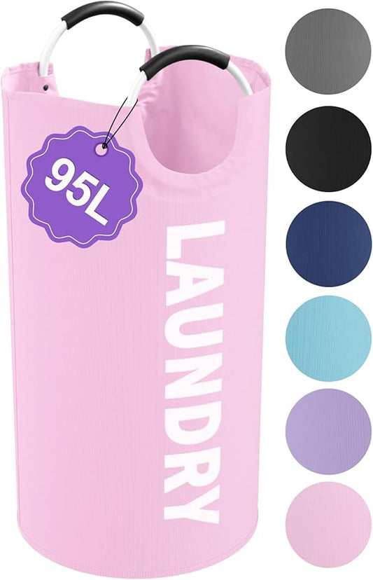 95L Large Laundry Basket with Handles, Foldable Clothes Hampers Stand Up Well, Waterproof Dirty Clothes Hamper, Rugged Laundry Basket for Flat, Dorm, Hotel, Pink