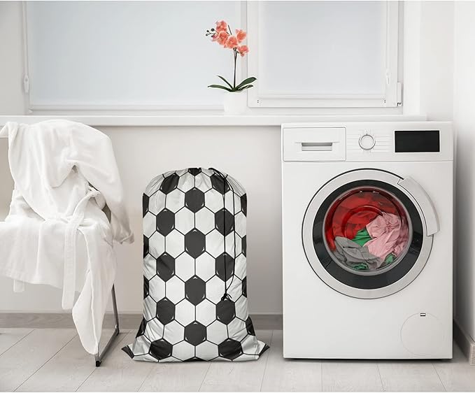Swono Football Texture Laundry Bags with Locking Drawstring Closure for Travel, Home, Camping and Gym The Model With Black White Soccer 28" x 40", Oxford Cloth