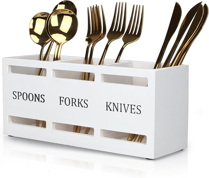 Wooden Silverware Cutlery Holder White Flatware Caddy Kitchen Utensils Holder for Party Wood Silverware Organizer Storage Containers for Countertop Spoon and Fork Holder Flatware Silverware Caddies