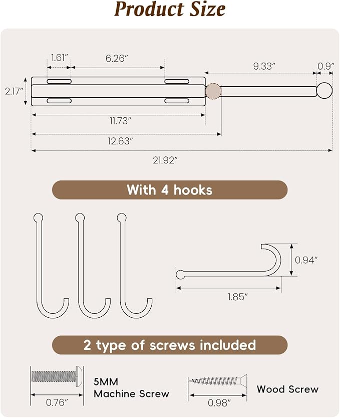 Supforce Valet Rod for Closets, 12" Valet Rod With 4 Hooks, Closet Organizer Slide Out Clothing Hanger Rods Extender Perfect for Suits,Dresses,Belt,Tie, White