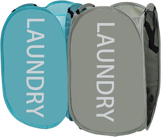 Mesh Laundry Hamper 2Pack Pop Up Hamper with Strong Handles, Collapsible Laundry Basket for Home, Bathroom, Bedroom, Travel Storage Hamper(Grey + Sky Blue)