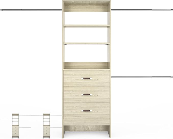 Besiost 96'' Closet Organizer System with 3 Hanging Rods, 8FT Closet Organizers and Storage with 3 Wooden Drawers, Built in Closet Organizer Systems, Adjustable Walk-in Wardrobe from 2-8FT, Light Oak