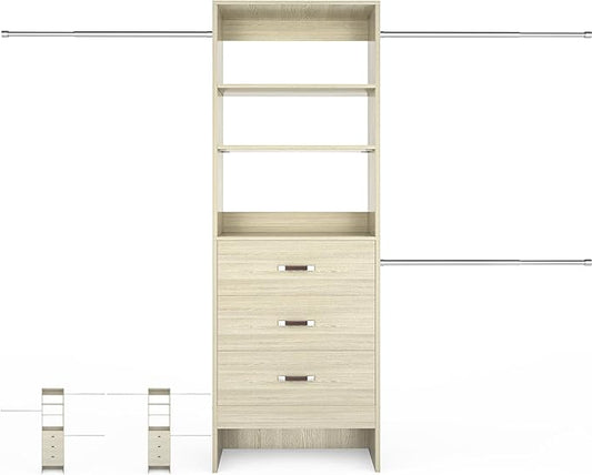 Besiost 96'' Closet Organizer System with 3 Hanging Rods, 8FT Closet Organizers and Storage with 3 Wooden Drawers, Built in Closet Organizer Systems, Adjustable Walk-in Wardrobe from 2-8FT, Light Oak