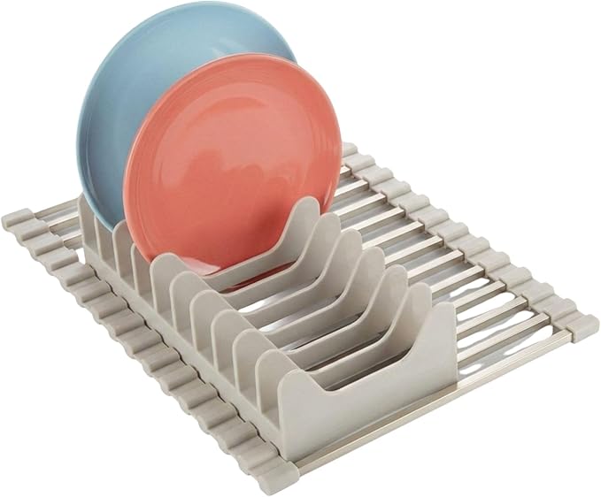 Small Aluminum Roll Up Dish Drying Rack (9" x 13") - Fits Sink Openings up to 8.5", for Narrow Sink Only, Square Bar, Rust-Proof, with Dish Holder (Beige)