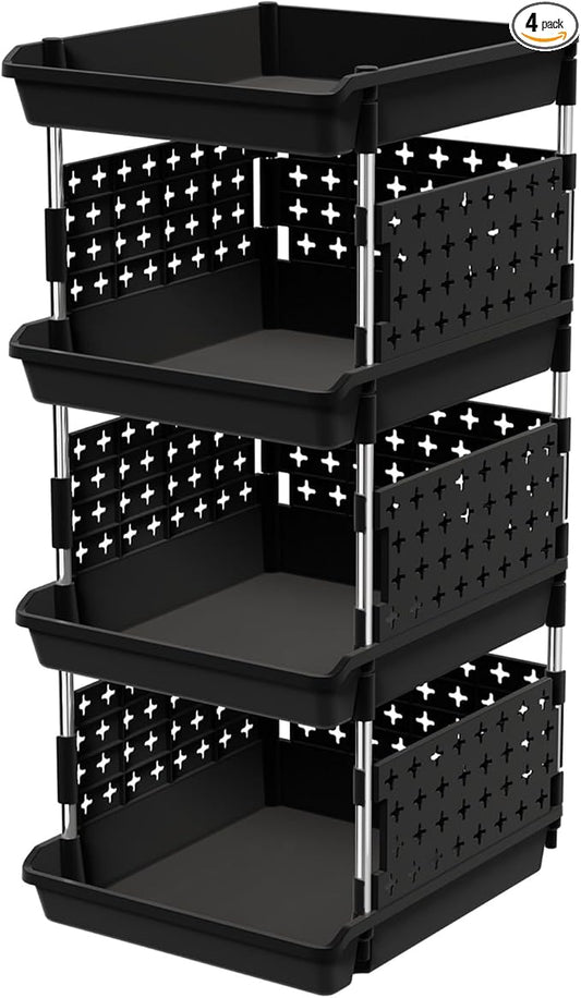 Lifewit Plastic Stackable Storage Baskets, 4 Tier Stacking Bins for Food and Clothes, Multifunctional Organizer for RV, Kitchen, Playroom, Pantry, Black, 35 x 30 x 72 cm/14 x 12 x 28 inch, 1 Pack