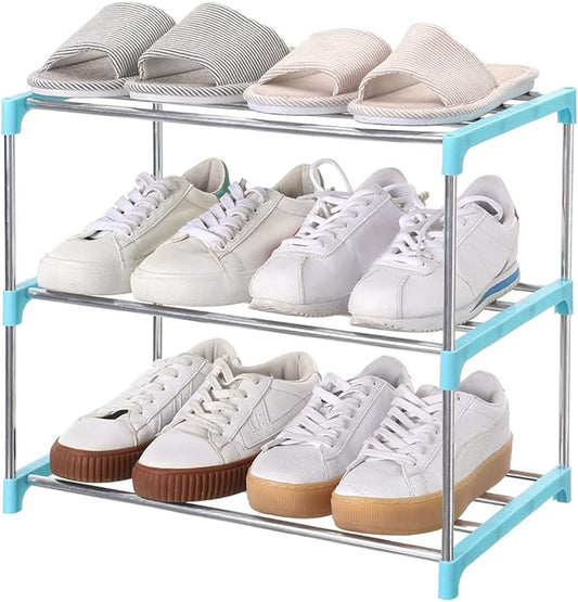 Jucaifu Stackable Small Shoe Rack, Entryway, Hallway and Closet Space Saving Storage and Organization (3-Tier, Blue)