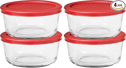 Anchor Hocking SnugFitTM Round Food Storage Containers with Lids (4-Piece, 4-cup, Red, oven-safe)