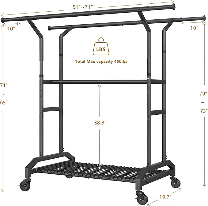 Wiracks Heavy Duty Clothes Rack Rolling Clothes Rack 3 Rods Clothing Rack 450lbs Capacity 51"-71" L X 19.7" D X 73-79" H Adjustable Rolling Garment Rack