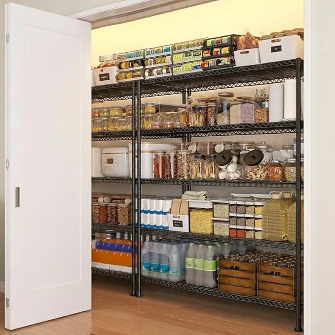 REIBII 45.8" W Storage Shelves, Heavy Duty 5-Tier Wire Shelving Unit, Adjustable Metal Shelving for Pantry Kitchen Supermarket Commercial Stockroom Restaurant, Tool-Free Assembly, Black
