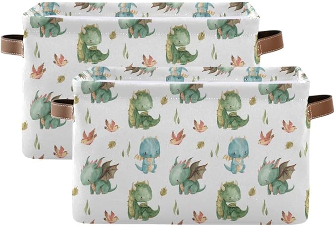 xigua Cute Dragon Storage Basket Collapsible Storage Bins Waterproof Canvas Storage Basket with Leather Handles for Home Closets Offices,Bedrooms,Gift Baskets,1PCS