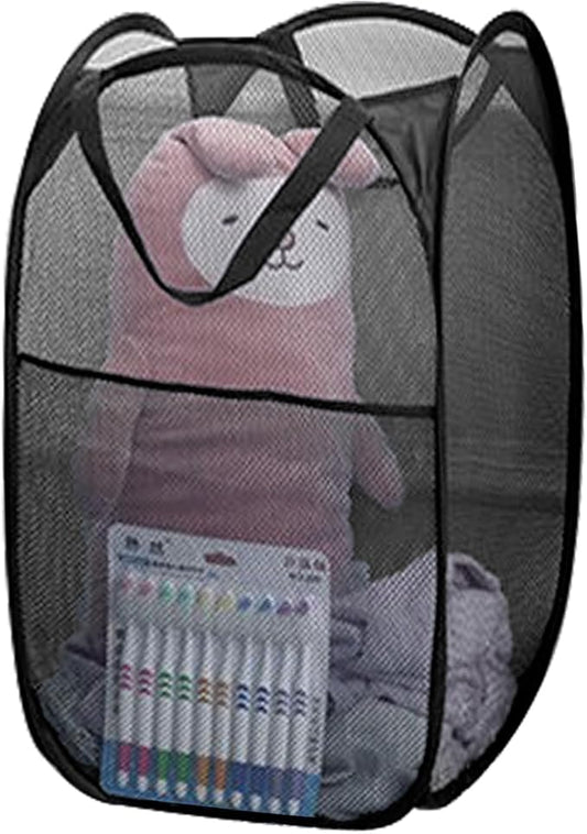 Mesh Pop Up Laundry Hamper, Collapsible Laundry Basket with Side Pocket, Dirty Clothes Mesh Basket Foldable for Cruise, Travel, Camping (Black - 1 Pack)