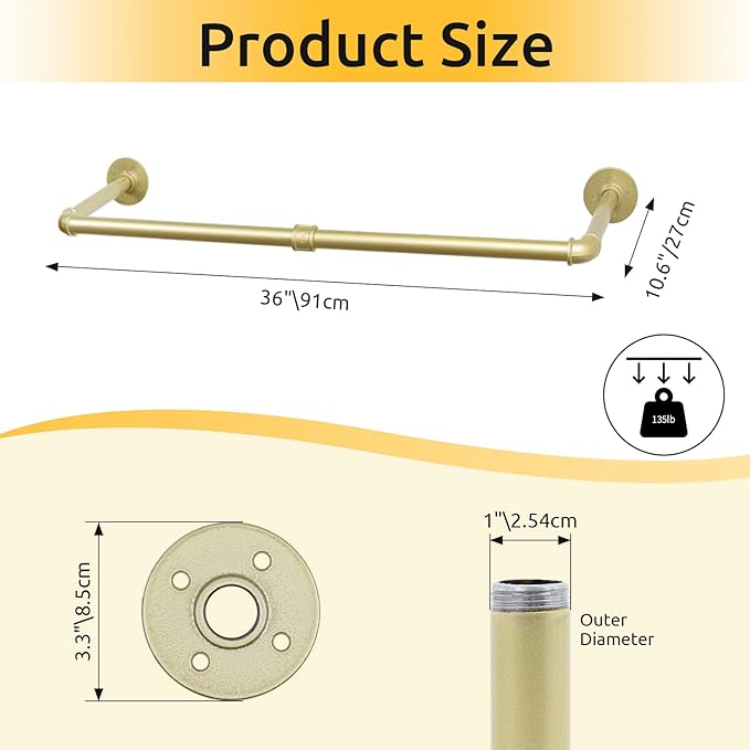 Oroonoko 36 inch Gold Industrial Pipe Clothes Rack,Pipe Garment Rack Hanging Rod Bar for Closet Storage,Laundry Room Up to Max Load 135lbs