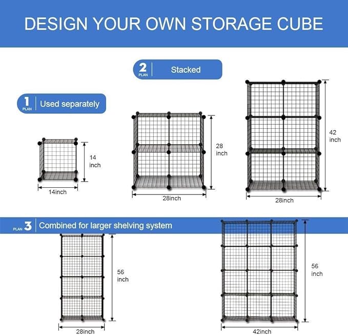 KOUSI 14"x14" Wire Cube Storage, Metal Grid Organizer, 12-Cube Modular Shelving Unit, Stackable Bookcase, Ideal for Living Room, Bedroom, Office, Garage