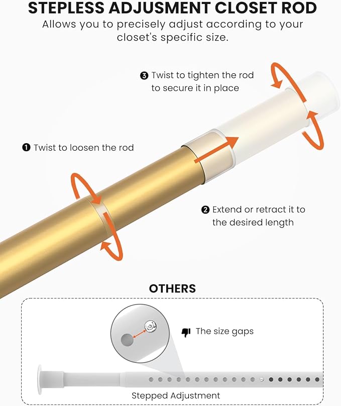 Supforce Closet Rods for Hanging Clothes, 17 to 54 Inches Stepless Adjustable Metal Closet Rod, 1.3 Inches Heavy Duty Clothes Hanging Rod for Closet Wardrobes Laundry RV, Golden