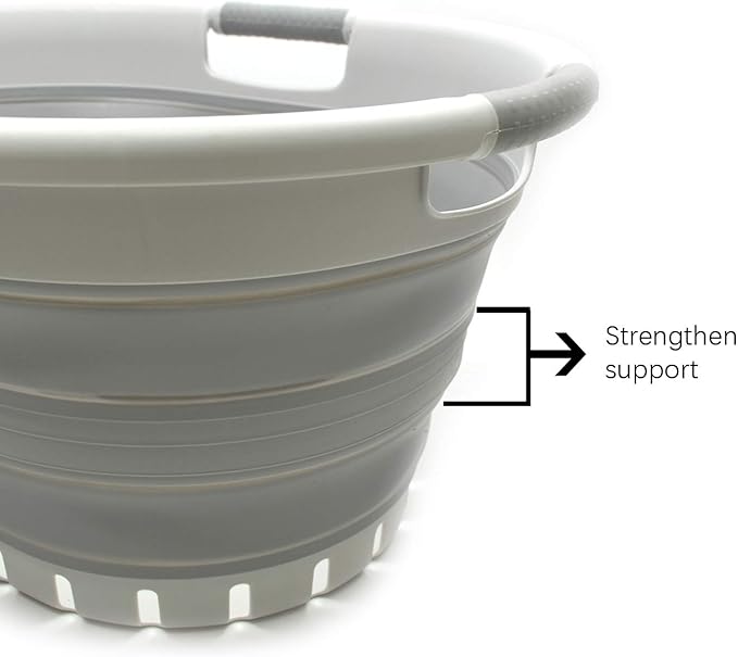 SAMMART 36L (9.5 gallon) Collapsible 3 Handled Plastic Laundry Basket-Foldable Pop Up Storage Container/Organizer-Space Saving Basket (3 handled Oval, Grey/Grey)