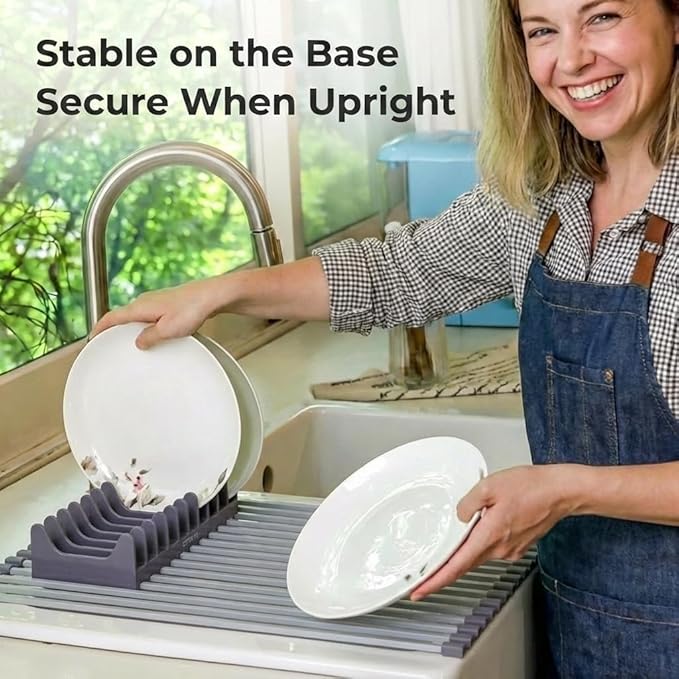 Small Roll Up Dish Drying Rack (9" x 13") - Fits Sink Openings up to 8.5", Narrow Sink Only, Square Bar, Rust-Proof, with Dish Holder (Purple Gray)
