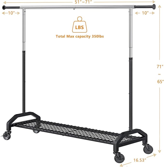 Wiracks Heavy Duty Clothes Rack for Hanging Clothes Extendable Rolling Clothing Rack for Hanging Clothes 350lbs Chrome 51 to 71" W x 16.53" D x 65" to 71" H 3" Industrial Wheels