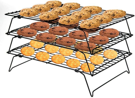 PowerKing 3 Tier Cooling Rack, Foldable Non-Stick Stainless Steel Wire Cake Rack for Pies, Cookies, Pastries, Home Baking, Birthday Party, Wedding Party 15.7'' x 10'' (Black 3 Tier)
