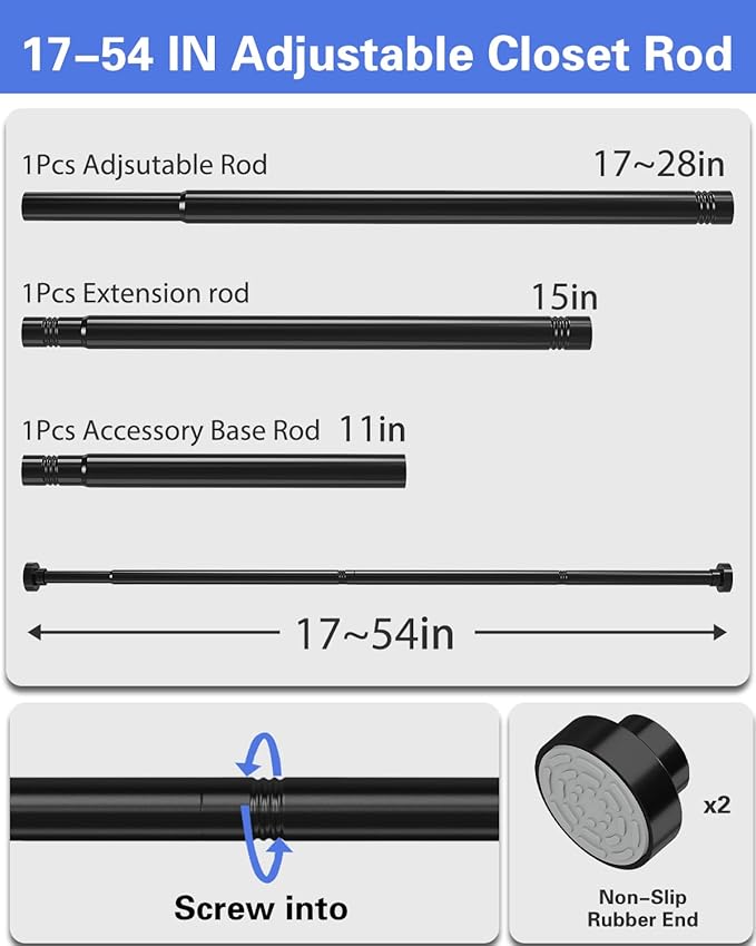Supforce No Drilling Closet Rods for Hanging Clothes, Non Slip Tension Rod with Heavy Duty Clothes Hanging Rod, 17-54 Inches Adjustable Spring Closet Rod for Closet Wardrobe Bathroom Laundry RV, Black