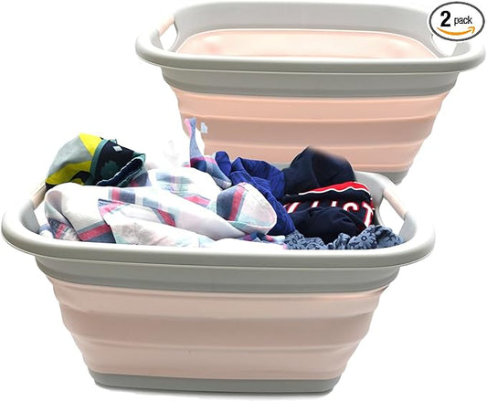 SAMMART Set of 2-31L(8.1 gallon) Collapsible Plastic Laundry Basket-Pop Up Storage Container-Portable Washing Tub-Space Saving Hamper/Basket, Water capacity:23L (6 gallon) (2, Pink)