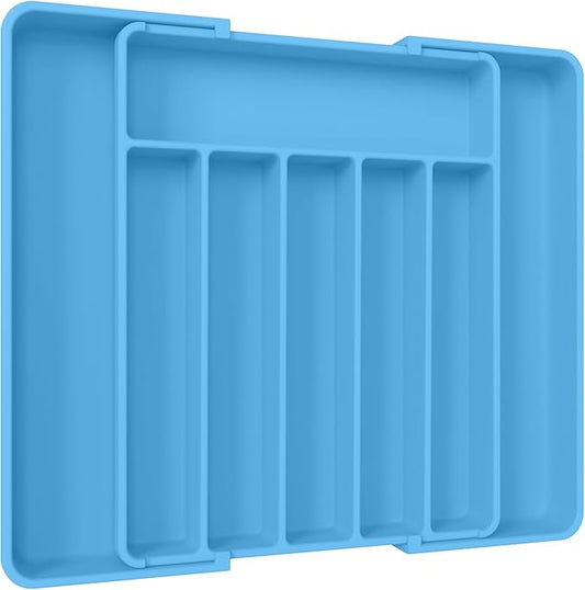Aujen Silverware Organizer - Expandable Kitchen Drawer Organizer, Adjustable Utensil Organizer, Cutlery Tray for Forks, Knives, Multipurpose Kitchen Organizers and Storage Solution, Dark Blue, Large