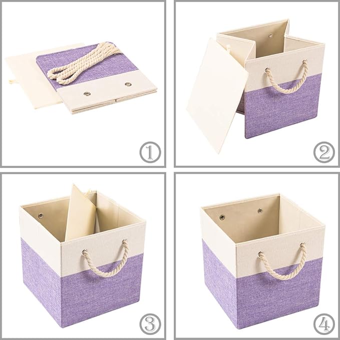 PRANDOM Large Foldable Cube Storage Bins 13x13 inch [2-Pack] Fabric Linen Storage Baskets Cubes Drawer with Cotton Handles Organizer for Shelves Nursery Closet Bedroom Purple