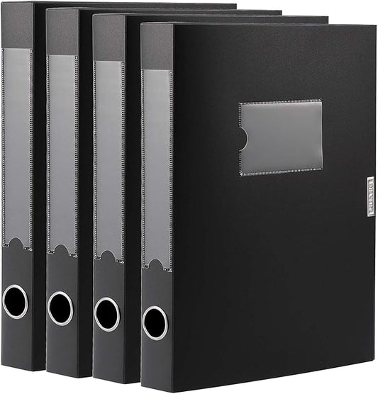 A4 Storage File Boxes Archives Cases, Foldable Plastic File Folder, Thickened to 5.8cm,Large Capacity,Black(Pack of 4)