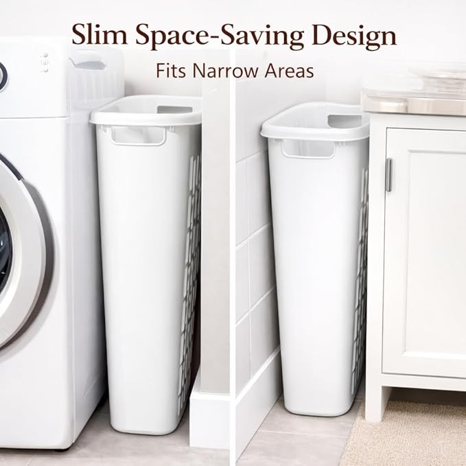 Rectangular Plastic Laundry Hamper, Slim Space-Saving Design for Narrow Areas, Open Top Clothes Basket for Laundry, Bathroom or Closet, White
