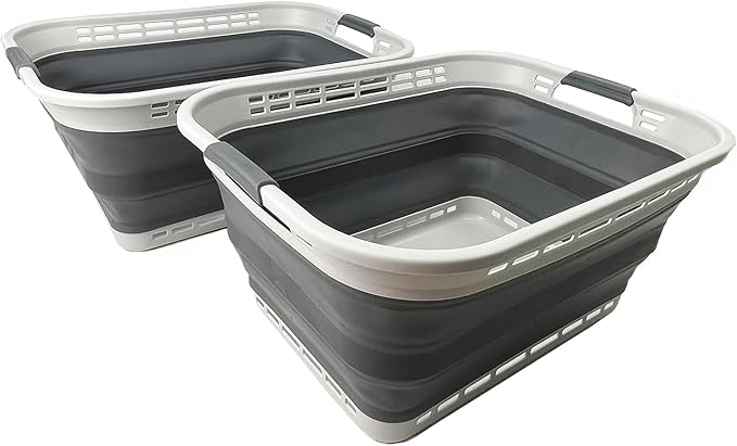 SAMMART 42L (11 gallons) Collapsible Plastic Laundry Basket - Portable Pop Up Storage Container/Organizer - Portable Hamper - Space Saving Easy Storage (Grey/Steel Grey (Set of 2))