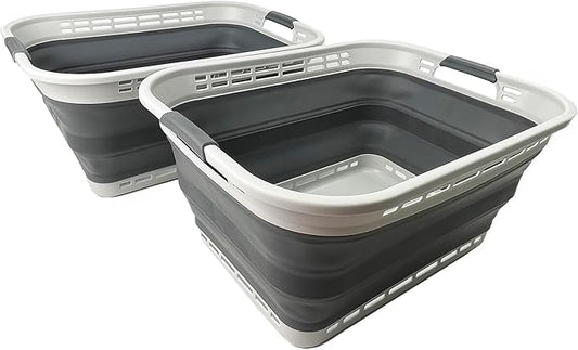 SAMMART 42L (11 gallons) Collapsible Plastic Laundry Basket - Portable Pop Up Storage Container/Organizer - Portable Hamper - Space Saving Easy Storage (Grey/Steel Grey (Set of 2))