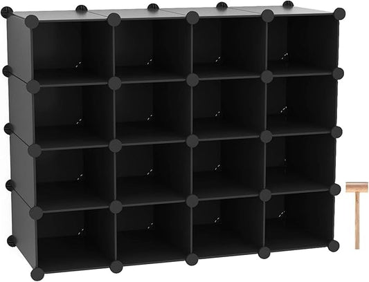 C&AHOME Plastic Shoe Rack,16-Cube Modular Shoes Storage Stand, Multifunction Closet Cabinet, Stackable Shoe Organizer Units for Bedroom Living Room Doorway, 36" L × 14.2" W × 28" H Black SRP15B