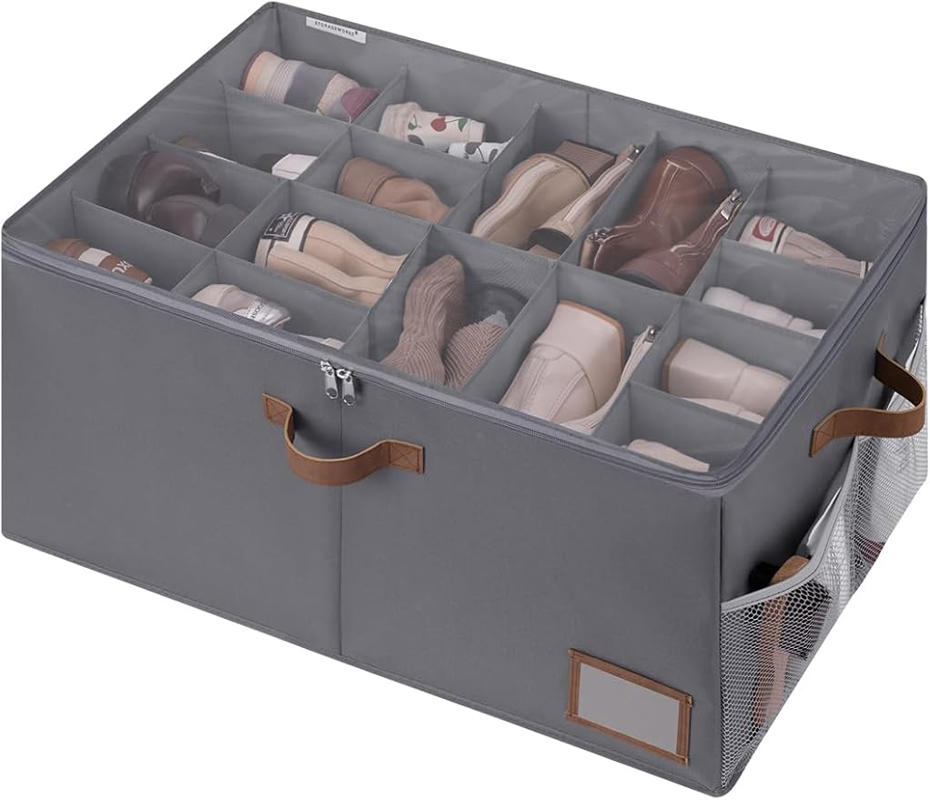 StorageWorks Shoe Organizer for Closet, Shoe Storage Containers for Entryway, Fabric Shoe Cubby Storage for Slippers and Flats, Shoe Storage Bins with Side Mesh Pocket, Fits up to 20 Pairs, Gray