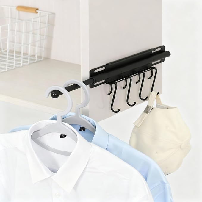12" Valet Rod for Closet Pull Out, Retractable Slide Out Closet Valet Rod for Hanging Clothes, Closet Extender Hanging Rods With 4 Hooks (Black)