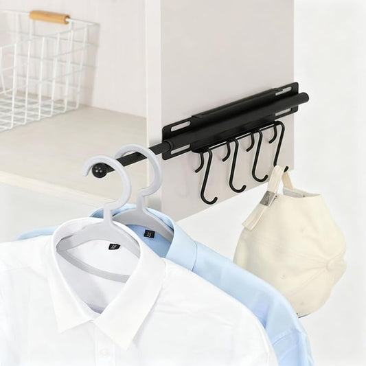 12" Valet Rod for Closet Pull Out, Retractable Slide Out Closet Valet Rod for Hanging Clothes, Closet Extender Hanging Rods With 4 Hooks (Black)