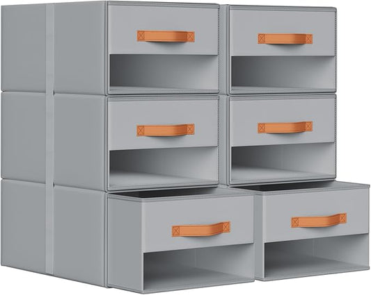 DIMJ Closet Organizers and Storage - Pull-out Fabric Bins with Drawers for Closet Foldable Clothes Organizers with Clear Window, Stackable Storage Drawers for Bedroom,Living Room,Shelf,6-Pack, Grey