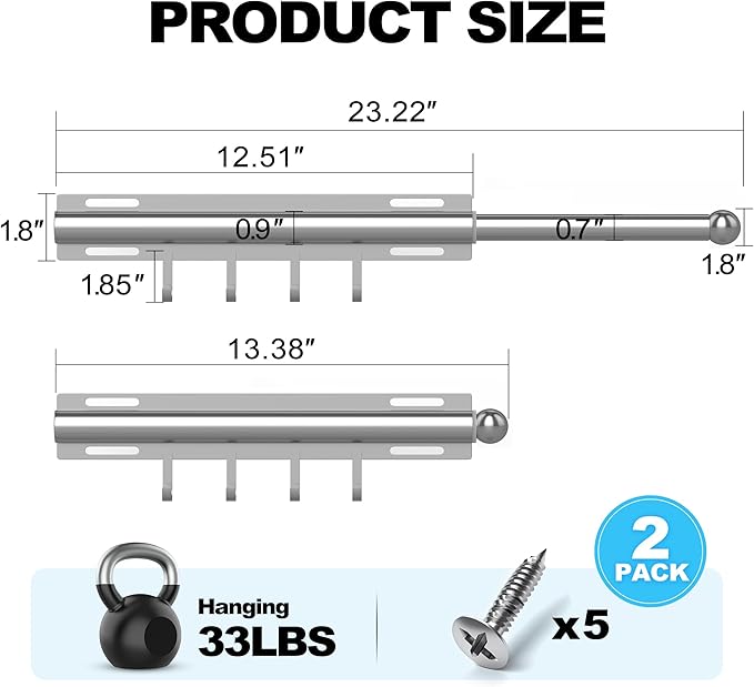 2 Pack Valet Rod for Closet Retractable with 4 Hooks, 13.4"-23.2" Pull Out Clothes Rail, Heavy Duty Alloy Steel Side Mount Wardrobe Bar, Adjustable Organizer for Laundry, Bathroom, Entrance (Nickel)