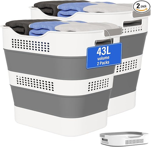 OOAMBB 43L+43L Collapsible Laundry Baskets plastic, Pop Up Laundry hamper/Storage Container, Foldable Laundry Basket with Handles, Durable,Space Saver (Grey, 2 Packs)