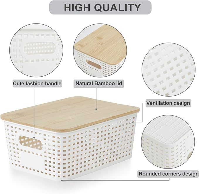 Bagnizer Small Plastic Storage Bins with Bamboo Lids 5.2qt Stackable Box Basket Pantry Decorative Containers Cute with Lable for Organizing Desktop Closet Office Cream White of 6 packs 10*7.2*4.1'’