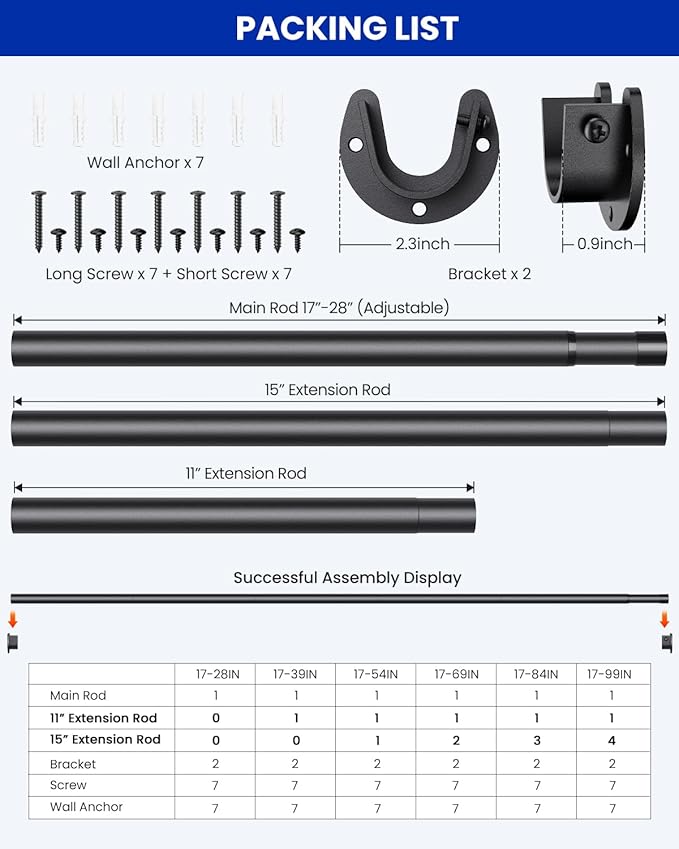 Supforce Closet Rods for Hanging Clothes, 17 to 54 Inches Stepless Adjustable Metal Closet Rod, 1.3 Inches Heavy Duty Clothes Hanging Rod for Closet Wardrobes Laundry RV, Black