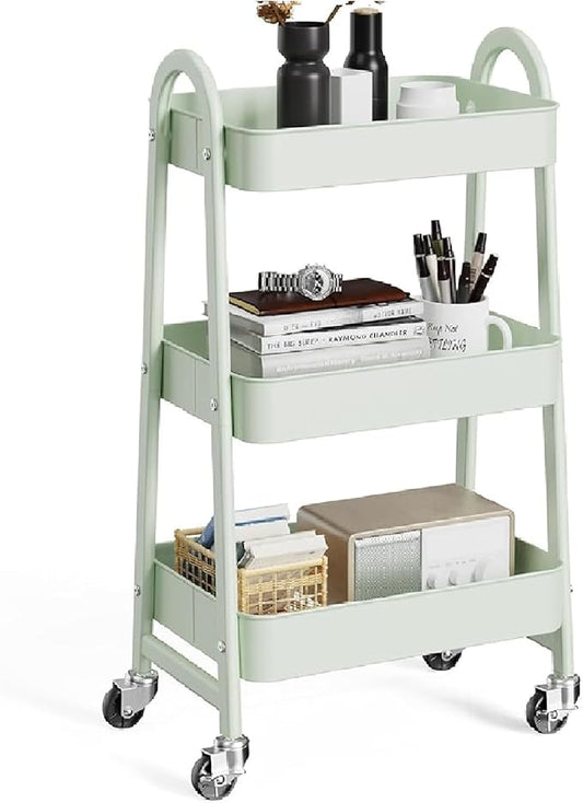 OLIXIS Metal 3 Tiers Utility Rolling Cart with Lockable Caster Wheels, Mobile Storage Shelf, Organization for Livingroom, Bathroom & Narrow Places, Pale Green