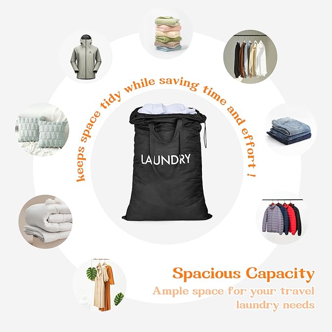 Heavy Duty Laundry Bag, Washable Nylon, Splash-Resistant Dirty Clothes Storage Bag with Drawstring & Handles丨Lightweight, Foldable & Space-Saving for College Dorm, Camping, Trips, Suitcase, 50L