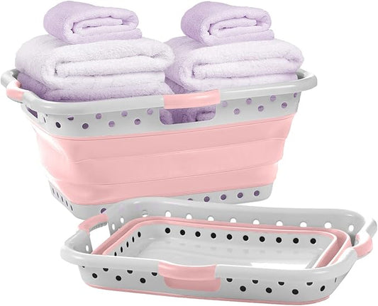 Pop & Load Collapse & Store 1 Large 25" Slim Collapsible Plastic Laundry Basket, Space Saving Portable Pop Up Storage & Organization Basket, 3" High When Folded, 3 Comfort Grip Handles, Blush Pink