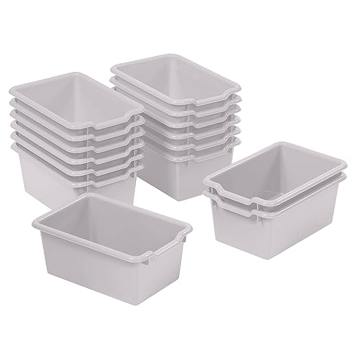 ECR4Kids Scoop Front Storage Bin, Multipurpose Organization, Light Grey, 15-Piece