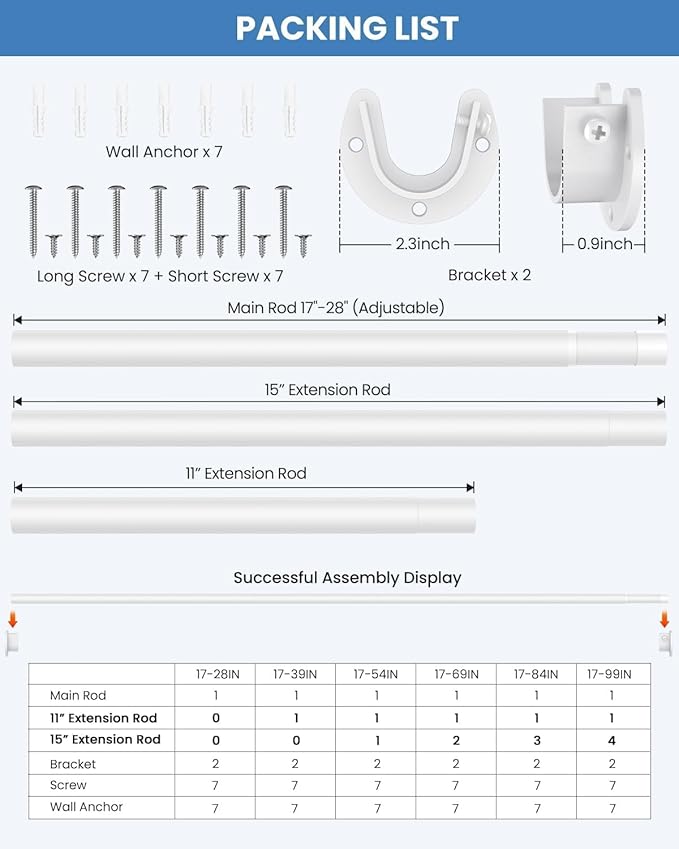 Supforce 3 PACK Closet Rods for Hanging Clothes, 17 to 69 Inches Stepless Adjustable Metal Closet Rod, 1.3 Inches Heavy Duty Clothes Hanging Rod for Closet Wardrobes Laundry RV, White