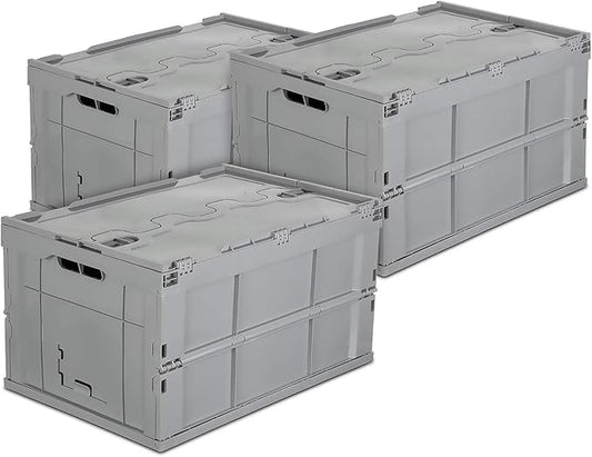 Mount-It! Folding Plastic Storage Crate, PACK OF 3, Collapsible Utility Distribution Container with Attached Lid, 65L Liter Capacity, Gray,